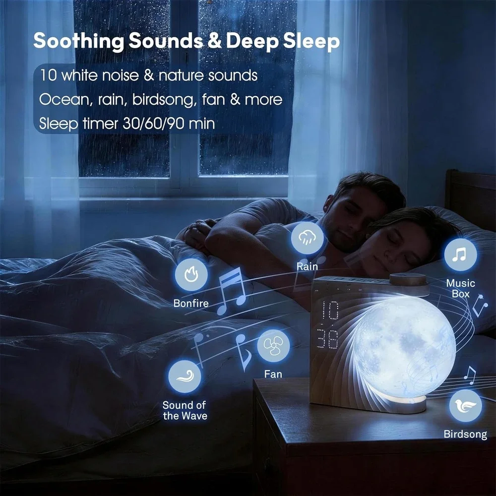 AIRIVO Sunrise Alarm Clock Moon Lamp Wood Grain Sound Machine New